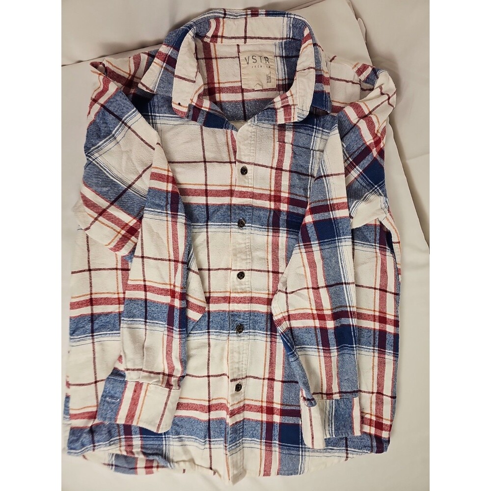 VSTR Premium Men's Plaid Flannel Shirt Medium Blue Red White Button Front